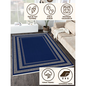 Pamuk Dokuma Taban Halı – Lacivert; Krem – Oriental Desen, Makinede Yıkanabilir, Kolay Temizlenebilir, Toz Ve Tüy Tutmaz, Kaymaz, Evcil Hayvan Dostu