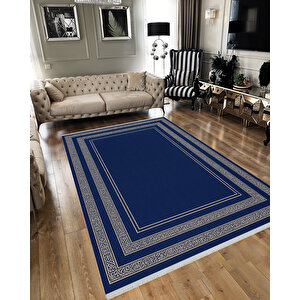 Pamuk Dokuma Taban Halı – Lacivert; Krem – Oriental Desen, Makinede Yıkanabilir, Kolay Temizlenebilir, Toz Ve Tüy Tutmaz, Kaymaz, Evcil Hayvan Dostu