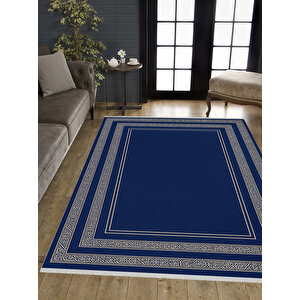 Pamuk Dokuma Taban Halı – Lacivert; Krem – Oriental Desen, Makinede Yıkanabilir, Kolay Temizlenebilir, Toz Ve Tüy Tutmaz, Kaymaz, Evcil Hayvan Dostu