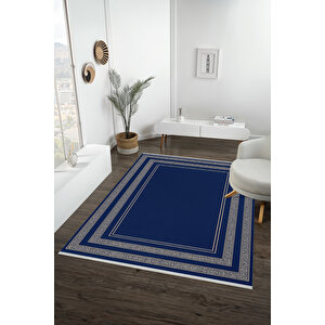 Pamuk Dokuma Taban Halı – Lacivert; Krem – Oriental Desen, Makinede Yıkanabilir, Kolay Temizlenebilir, Toz Ve Tüy Tutmaz, Kaymaz, Evcil Hayvan Dostu