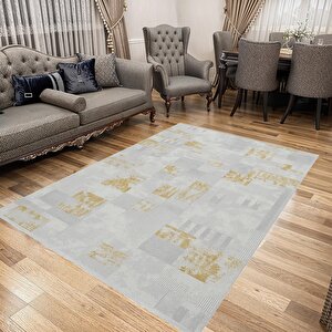 Pamuk Dokuma Taban Halı – Beyaz; Gri; Altın – Geometrik Desen, Makinede Yıkanabilir, Kolay Temizlenebilir, Toz Ve Tüy Tutmaz, Kaymaz, Evcil Hayvan Dostu 160x180 cm