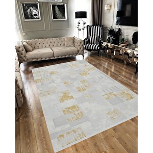 Pamuk Dokuma Taban Halı – Beyaz; Gri; Altın – Geometrik Desen, Makinede Yıkanabilir, Kolay Temizlenebilir, Toz Ve Tüy Tutmaz, Kaymaz, Evcil Hayvan Dostu 150x240 cm