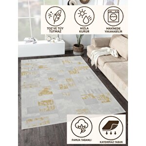 Pamuk Dokuma Taban Halı – Beyaz; Gri; Altın – Geometrik Desen, Makinede Yıkanabilir, Kolay Temizlenebilir, Toz Ve Tüy Tutmaz, Kaymaz, Evcil Hayvan Dostu