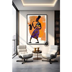Caz Saksafoncu Kadın Kanvas Sanatı; Afrikalı Kadın Duvar Dekoru 100x200 cm