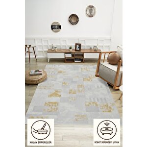 Pamuk Dokuma Taban Halı – Beyaz; Gri; Altın – Geometrik Desen, Makinede Yıkanabilir, Kolay Temizlenebilir, Toz Ve Tüy Tutmaz, Kaymaz, Evcil Hayvan Dostu