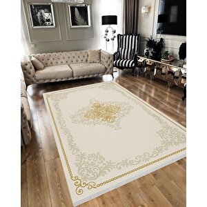 Pamuk Dokuma Taban Halı – Krem; Altın; Bej – Oriental Desen, Makinede Yıkanabilir, Kolay Temizlenebilir, Toz Ve Tüy Tutmaz, Kaymaz, Evcil Hayvan Dostu 160x350 cm
