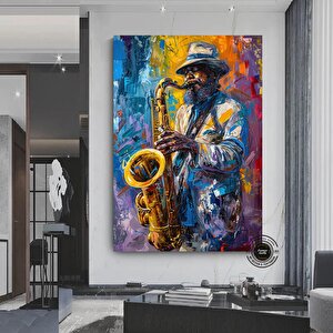 Afrika Caz Sanatı, Afrika Tuvali, Caz Duvar Sanatı, Caz Yağlı Boya Tuvali, Siyahi Müzisyen Tuvali 90x180 cm