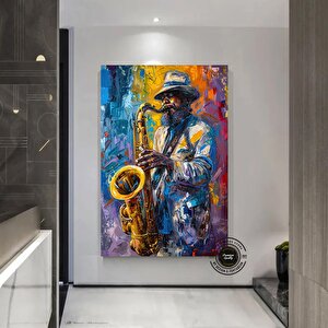 Afrika Caz Sanatı, Afrika Tuvali, Caz Duvar Sanatı, Caz Yağlı Boya Tuvali, Siyahi Müzisyen Tuvali 90x180 cm