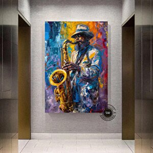 Afrika Caz Sanatı, Afrika Tuvali, Caz Duvar Sanatı, Caz Yağlı Boya Tuvali, Siyahi Müzisyen Tuvali 90x180 cm