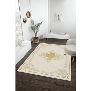 Pamuk Dokuma Taban Halı – Krem; Altın; Bej – Oriental Desen, Makinede Yıkanabilir, Kolay Temizlenebilir, Toz Ve Tüy Tutmaz, Kaymaz, Evcil Hayvan Dostu 160x230 cm