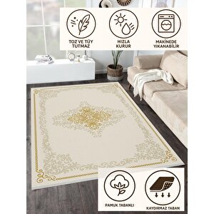 Pamuk Dokuma Taban Halı – Krem; Altın; Bej – Oriental Desen, Makinede Yıkanabilir, Kolay Temizlenebilir, Toz Ve Tüy Tutmaz, Kaymaz, Evcil Hayvan Dostu