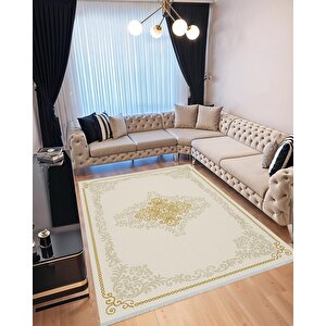 Pamuk Dokuma Taban Halı – Krem; Altın; Bej – Oriental Desen, Makinede Yıkanabilir, Kolay Temizlenebilir, Toz Ve Tüy Tutmaz, Kaymaz, Evcil Hayvan Dostu
