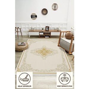 Pamuk Dokuma Taban Halı – Krem; Altın; Bej – Oriental Desen, Makinede Yıkanabilir, Kolay Temizlenebilir, Toz Ve Tüy Tutmaz, Kaymaz, Evcil Hayvan Dostu