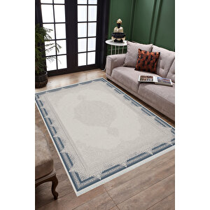 Pamuk Dokuma Taban Halı – Gri; Lacivert – Oriental Desen, Makinede Yıkanabilir, Kolay Temizlenebilir, Toz Ve Tüy Tutmaz, Kaymaz, Evcil Hayvan Dostu 150x150 cm