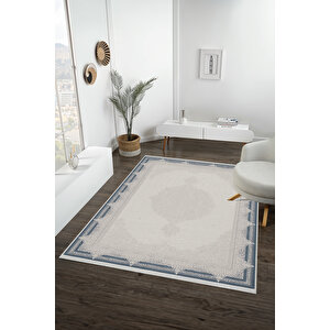 Pamuk Dokuma Taban Halı – Gri; Lacivert – Oriental Desen, Makinede Yıkanabilir, Kolay Temizlenebilir, Toz Ve Tüy Tutmaz, Kaymaz, Evcil Hayvan Dostu 80x150 cm
