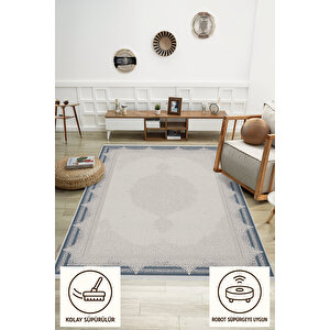 Pamuk Dokuma Taban Halı – Gri; Lacivert – Oriental Desen, Makinede Yıkanabilir, Kolay Temizlenebilir, Toz Ve Tüy Tutmaz, Kaymaz, Evcil Hayvan Dostu