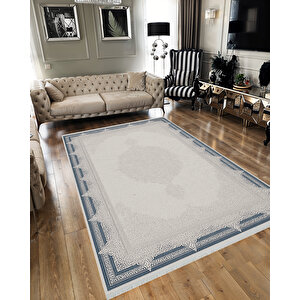 Pamuk Dokuma Taban Halı – Gri; Lacivert – Oriental Desen, Makinede Yıkanabilir, Kolay Temizlenebilir, Toz Ve Tüy Tutmaz, Kaymaz, Evcil Hayvan Dostu