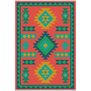 Pamuk Dokuma Taban Halı – Turuncu; Sarı; Yeşil; Mavi – Tribal Geometrik Desen, Makinede Yıkanabilir, Kolay Temizlenebilir, Toz Ve Tüy Tutmaz, Kaymaz, Evcil Hayvan Dostu