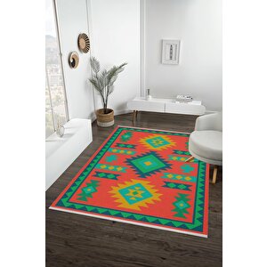 Pamuk Dokuma Taban Halı – Turuncu; Sarı; Yeşil; Mavi – Tribal Geometrik Desen, Makinede Yıkanabilir, Kolay Temizlenebilir, Toz Ve Tüy Tutmaz, Kaymaz, Evcil Hayvan Dostu