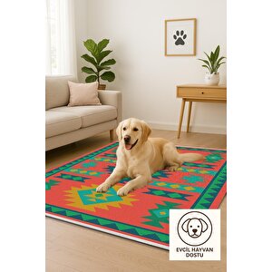 Pamuk Dokuma Taban Halı – Turuncu; Sarı; Yeşil; Mavi – Tribal Geometrik Desen, Makinede Yıkanabilir, Kolay Temizlenebilir, Toz Ve Tüy Tutmaz, Kaymaz, Evcil Hayvan Dostu