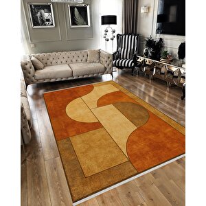 Pamuk Dokuma Taban Halı – Kahverengi; Bej; Turuncu – Geometric Desen, Makinede Yıkanabilir, Kolay Temizlenebilir, Toz Ve Tüy Tutmaz, Kaymaz, Evcil Hayvan Dostu 160x350 cm