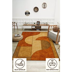 Pamuk Dokuma Taban Halı – Kahverengi; Bej; Turuncu – Geometric Desen, Makinede Yıkanabilir, Kolay Temizlenebilir, Toz Ve Tüy Tutmaz, Kaymaz, Evcil Hayvan Dostu