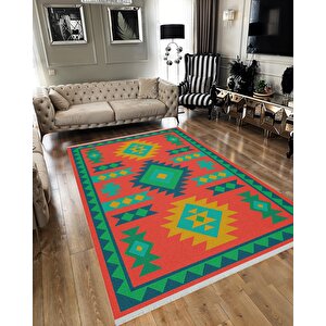 Pamuk Dokuma Taban Halı – Turuncu; Sarı; Yeşil; Mavi – Tribal Geometrik Desen, Makinede Yıkanabilir, Kolay Temizlenebilir, Toz Ve Tüy Tutmaz, Kaymaz, Evcil Hayvan Dostu