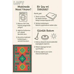 Pamuk Dokuma Taban Halı – Turuncu; Sarı; Yeşil; Mavi – Tribal Geometrik Desen, Makinede Yıkanabilir, Kolay Temizlenebilir, Toz Ve Tüy Tutmaz, Kaymaz, Evcil Hayvan Dostu