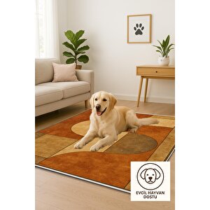 Pamuk Dokuma Taban Halı – Kahverengi; Bej; Turuncu – Geometric Desen, Makinede Yıkanabilir, Kolay Temizlenebilir, Toz Ve Tüy Tutmaz, Kaymaz, Evcil Hayvan Dostu