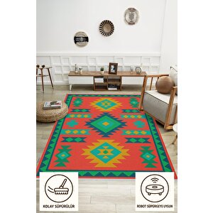 Pamuk Dokuma Taban Halı – Turuncu; Sarı; Yeşil; Mavi – Tribal Geometrik Desen, Makinede Yıkanabilir, Kolay Temizlenebilir, Toz Ve Tüy Tutmaz, Kaymaz, Evcil Hayvan Dostu 80x150 cm