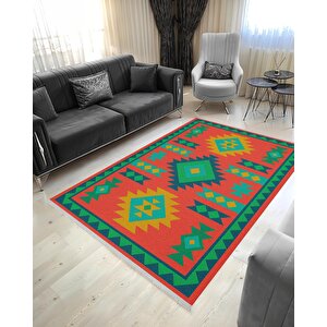 Pamuk Dokuma Taban Halı – Turuncu; Sarı; Yeşil; Mavi – Tribal Geometrik Desen, Makinede Yıkanabilir, Kolay Temizlenebilir, Toz Ve Tüy Tutmaz, Kaymaz, Evcil Hayvan Dostu