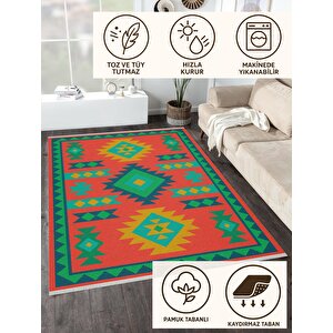 Pamuk Dokuma Taban Halı – Turuncu; Sarı; Yeşil; Mavi – Tribal Geometrik Desen, Makinede Yıkanabilir, Kolay Temizlenebilir, Toz Ve Tüy Tutmaz, Kaymaz, Evcil Hayvan Dostu