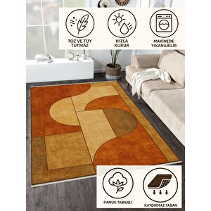 Pamuk Dokuma Taban Halı – Kahverengi; Bej; Turuncu – Geometric Desen, Makinede Yıkanabilir, Kolay Temizlenebilir, Toz Ve Tüy Tutmaz, Kaymaz, Evcil Hayvan Dostu