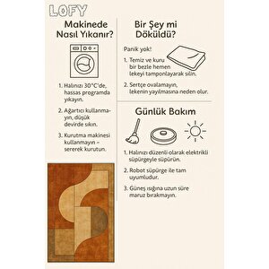 Pamuk Dokuma Taban Halı – Kahverengi; Bej; Turuncu – Geometric Desen, Makinede Yıkanabilir, Kolay Temizlenebilir, Toz Ve Tüy Tutmaz, Kaymaz, Evcil Hayvan Dostu