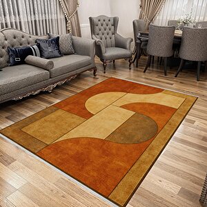 Pamuk Dokuma Taban Halı – Kahverengi; Bej; Turuncu – Geometric Desen, Makinede Yıkanabilir, Kolay Temizlenebilir, Toz Ve Tüy Tutmaz, Kaymaz, Evcil Hayvan Dostu 80x150 cm