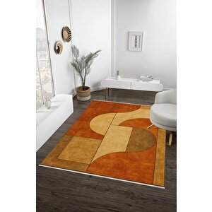 Pamuk Dokuma Taban Halı – Kahverengi; Bej; Turuncu – Geometric Desen, Makinede Yıkanabilir, Kolay Temizlenebilir, Toz Ve Tüy Tutmaz, Kaymaz, Evcil Hayvan Dostu