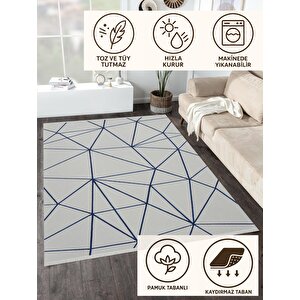 Pamuk Dokuma Taban Halı – Lacivert; Gri – Geometrik Desen, Makinede Yıkanabilir, Kolay Temizlenebilir, Toz Ve Tüy Tutmaz, Kaymaz, Evcil Hayvan Dostu 80x80 cm