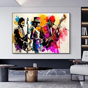 Caz Müzisyeni Suluboya Kanvas Duvar Sanatı, Kanvas Tablo, Caz Grubu Kanvas Tablosu 90x180 cm