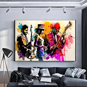 Caz Müzisyeni Suluboya Kanvas Duvar Sanatı, Kanvas Tablo, Caz Grubu Kanvas Tablosu 90x180 cm