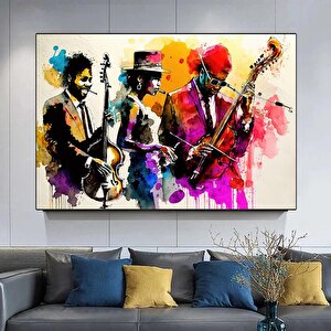 Caz Müzisyeni Suluboya Kanvas Duvar Sanatı, Kanvas Tablo, Caz Grubu Kanvas Tablosu 90x180 cm