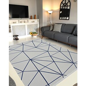 Pamuk Dokuma Taban Halı – Lacivert; Gri – Geometrik Desen, Makinede Yıkanabilir, Kolay Temizlenebilir, Toz Ve Tüy Tutmaz, Kaymaz, Evcil Hayvan Dostu 160x180 cm