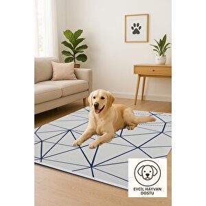 Pamuk Dokuma Taban Halı – Lacivert; Gri – Geometrik Desen, Makinede Yıkanabilir, Kolay Temizlenebilir, Toz Ve Tüy Tutmaz, Kaymaz, Evcil Hayvan Dostu