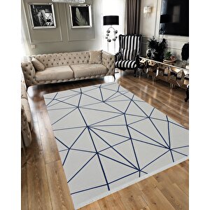 Pamuk Dokuma Taban Halı – Lacivert; Gri – Geometrik Desen, Makinede Yıkanabilir, Kolay Temizlenebilir, Toz Ve Tüy Tutmaz, Kaymaz, Evcil Hayvan Dostu
