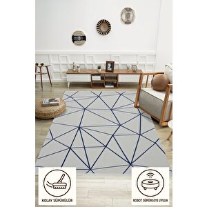 Pamuk Dokuma Taban Halı – Lacivert; Gri – Geometrik Desen, Makinede Yıkanabilir, Kolay Temizlenebilir, Toz Ve Tüy Tutmaz, Kaymaz, Evcil Hayvan Dostu