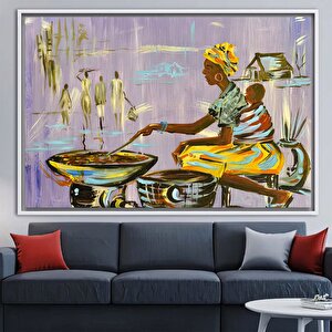 Afrika’da Yemek Yapan Anne Figürü, Etnik Duvar Sanatı, Nijerya Tarzı Kadın Figürlü Tablo 100x200 cm