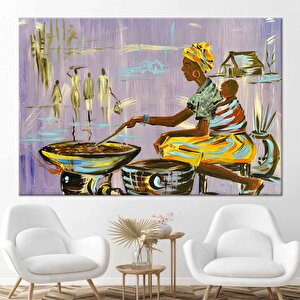 Afrika’da Yemek Yapan Anne Figürü, Etnik Duvar Sanatı, Nijerya Tarzı Kadın Figürlü Tablo