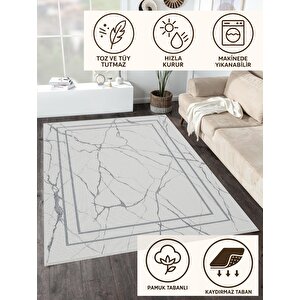Pamuk Dokuma Taban Halı – Beyaz; Gri – Mermer Desen, Makinede Yıkanabilir, Kolay Temizlenebilir, Toz Ve Tüy Tutmaz, Kaymaz, Evcil Hayvan Dostu 150x240 cm