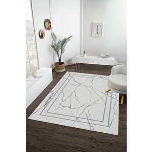 Pamuk Dokuma Taban Halı – Beyaz; Gri – Mermer Desen, Makinede Yıkanabilir, Kolay Temizlenebilir, Toz Ve Tüy Tutmaz, Kaymaz, Evcil Hayvan Dostu 150x240 cm