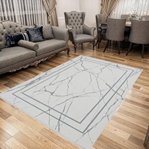Pamuk Dokuma Taban Halı – Beyaz; Gri – Mermer Desen, Makinede Yıkanabilir, Kolay Temizlenebilir, Toz Ve Tüy Tutmaz, Kaymaz, Evcil Hayvan Dostu