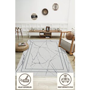 Pamuk Dokuma Taban Halı – Beyaz; Gri – Mermer Desen, Makinede Yıkanabilir, Kolay Temizlenebilir, Toz Ve Tüy Tutmaz, Kaymaz, Evcil Hayvan Dostu